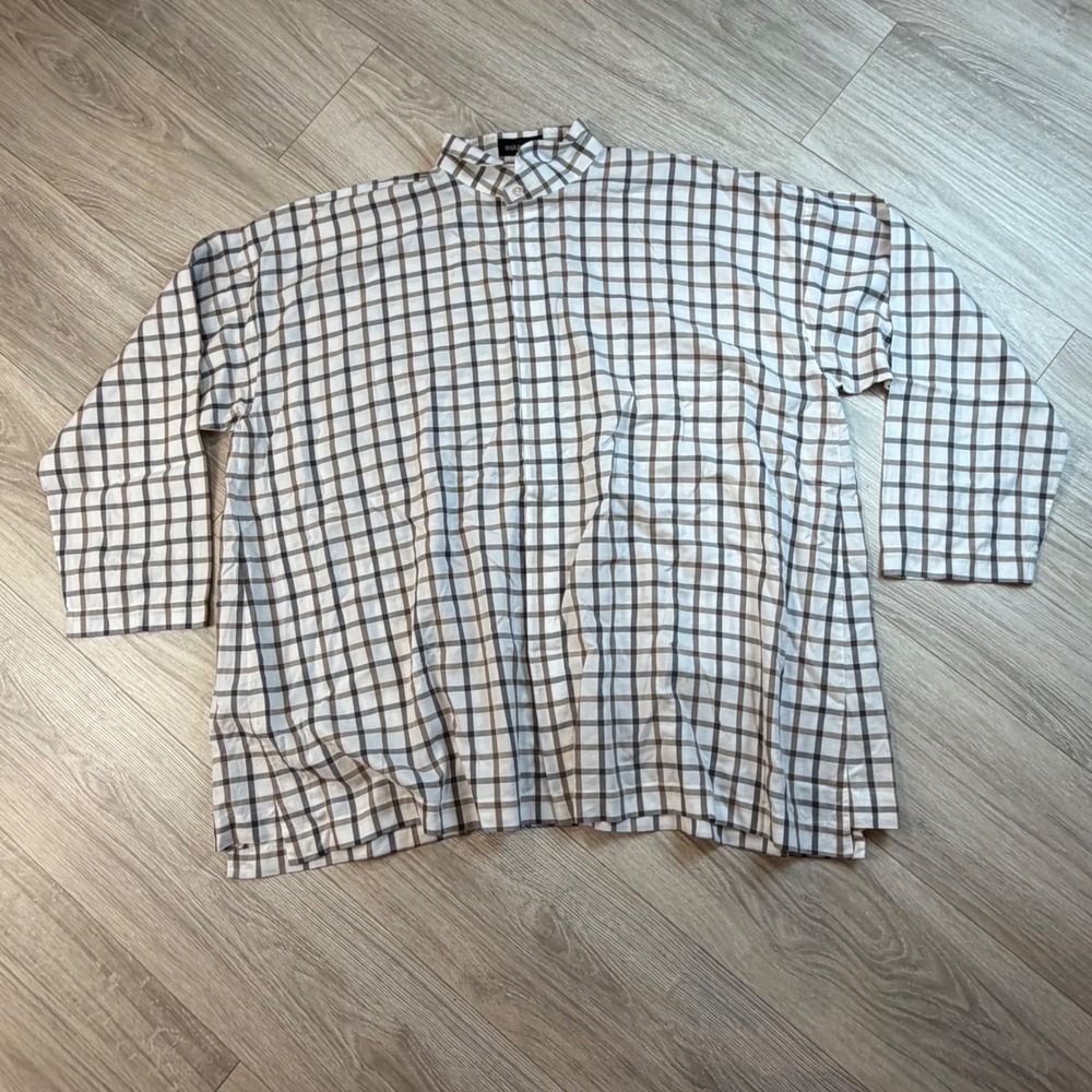 Eskandar Oversized Cotton Check Button Down Shirt Brown White Band Collar Size 2